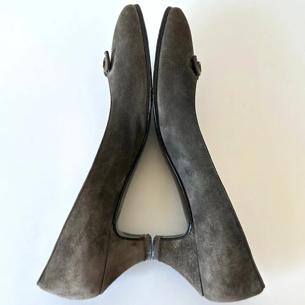 Gucci 1983 Vintage Grey Suede Bow Logo Kitten Heel Size 38 AA